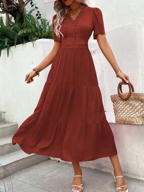 Women's Rust Brown Lace-Trim Tiered Maxi Dress NWOT